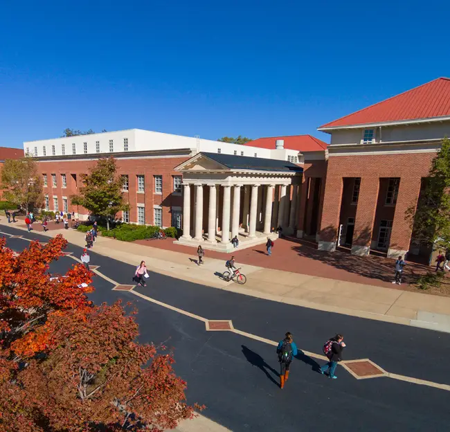 An aerial photo showing students walking in front of Conner and Holman Hall.